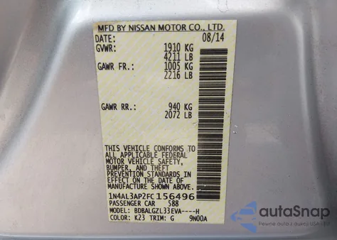 2015 Nissan Altima 2.5 S из США, поврежденный, VIN 1N4AL3AP2FC156496